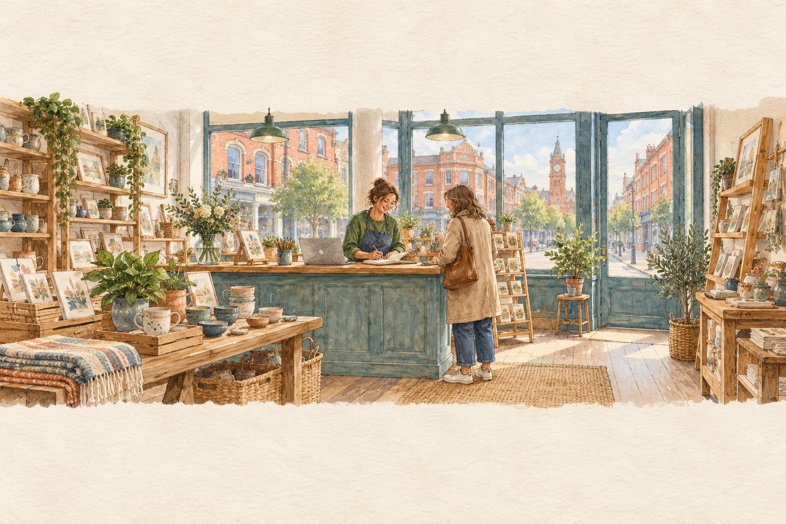Artist's impression of a Middlesbrough business owner planning at a shop counter, representative people and premises