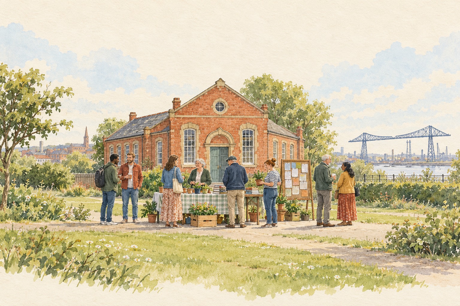 Artist's impression of neighbours meeting at a Middlesbrough community hall, a representative gathering