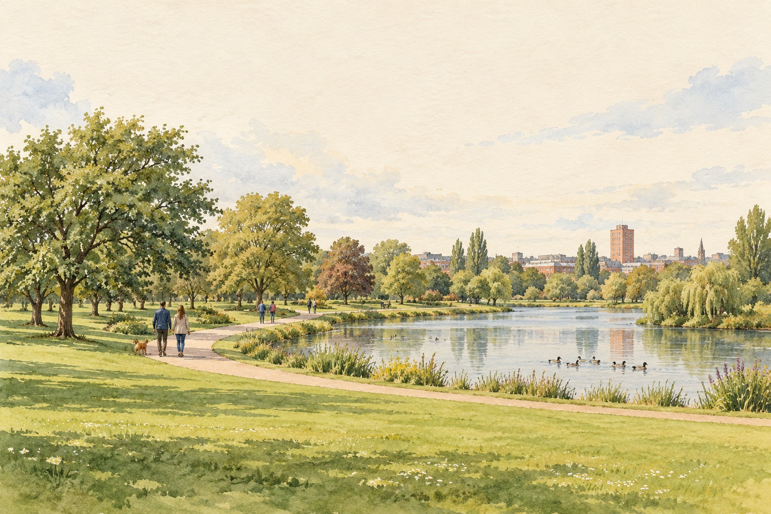 Artist's impression of a Middlesbrough park afternoon, a representative scene rather than a mapped route